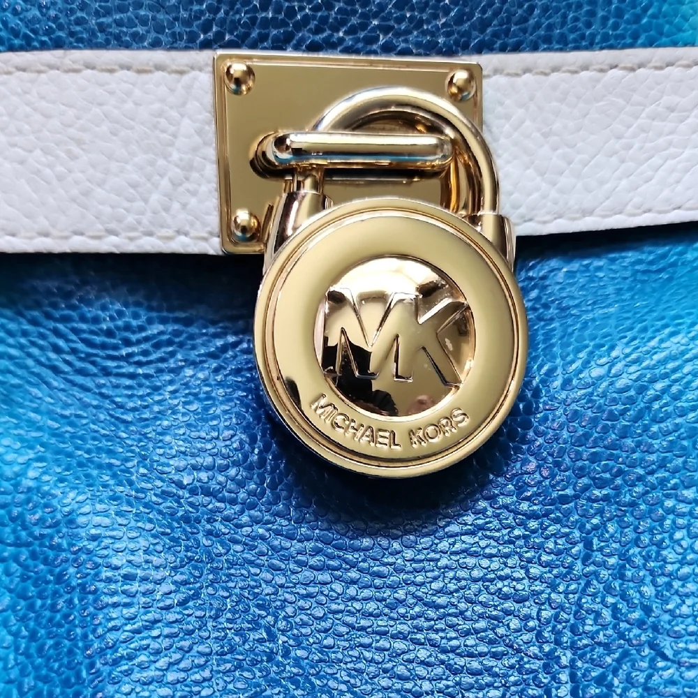 MICHAEL KORS HAMILTON SPRAY WHITE/ SUMMER BLUE EW SATCHEL  LEATHER HANDBAG PURSE